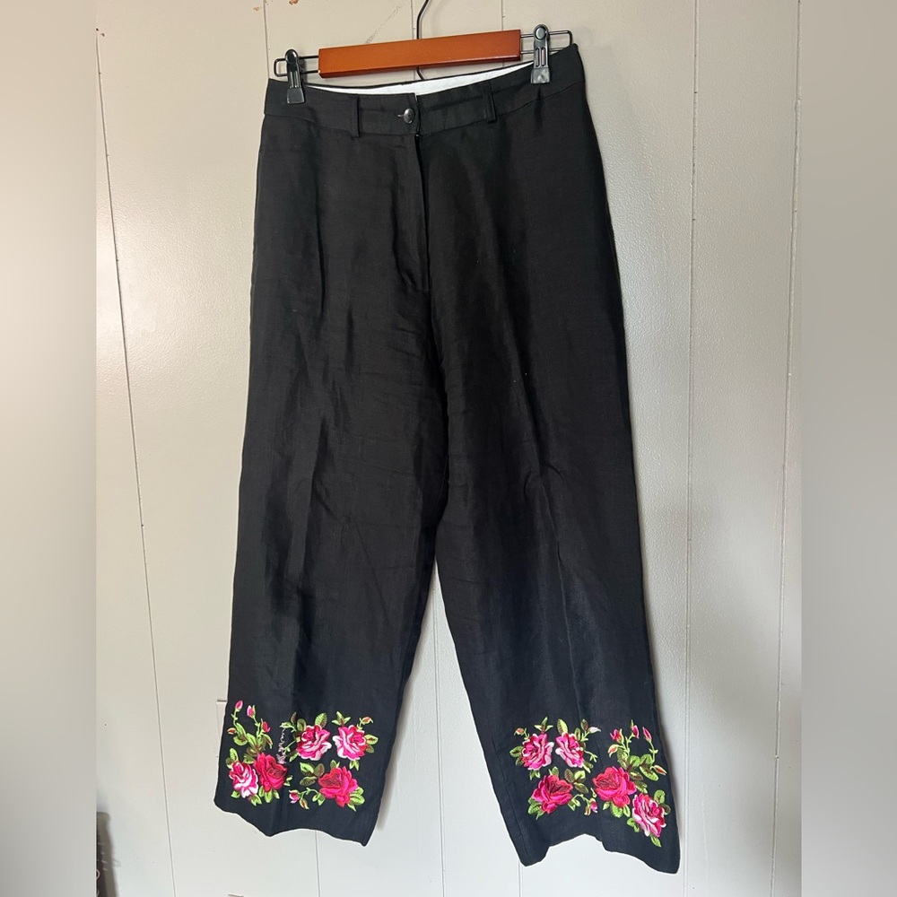 Jillian Jones 100% Linen Pants, Black with Pink Floral Size 6
